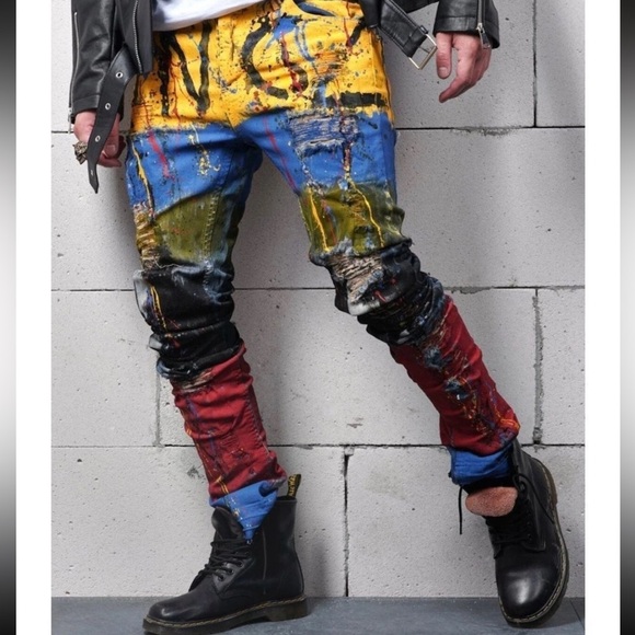 KINGZ Jeanswear Men's Painted Biker Jeans, Jogger Style, Slim Fit - Picture 1 of 10